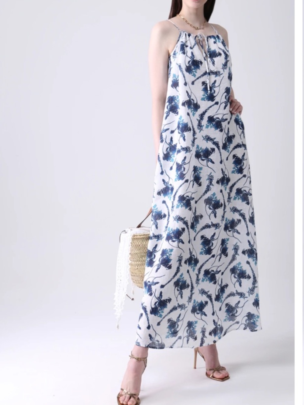 120% Lino White Blue Floral Sleeveless Maxi Halter Dress Size 6